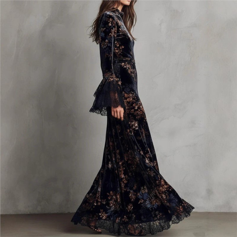 Robe vintage pour femmes en velours à imprimé floral, élégante, à col mi-haut, manches longues, bordure en dentelle, robe moulante, robe maxi décontractée et tendance.