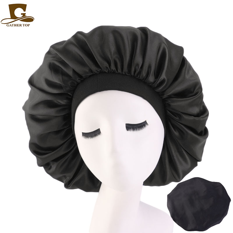 Nouveau bonnet de nuit en satin soyeux imprimé grande taille pour femme, idéal pour cheveux bouclés et crépus, noir