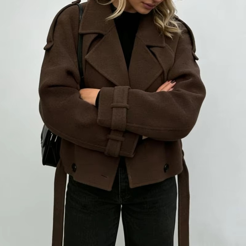 Manteau court chic pour femme à col revers et ceinture, double boutonnage, manches longues, couleur unie, pour l'automne et l'hiver