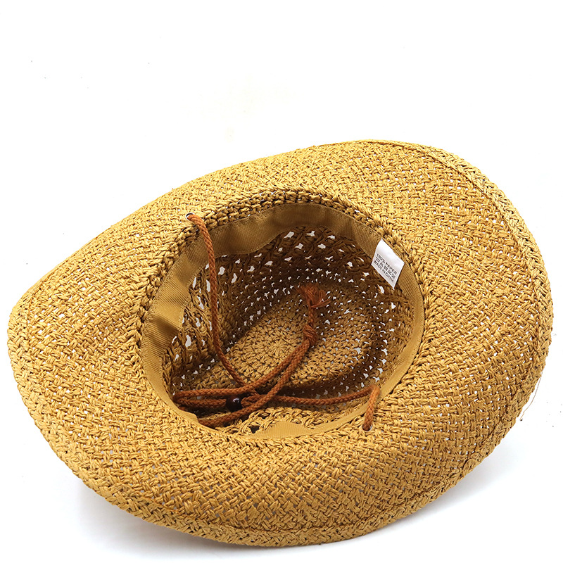 Chapeau de cowboy à grande avant-toit ajouré de style ethnique, chapeau de plage de printemps et d'été, chapeau de protection solaire en plein air, chapeau d'herbe