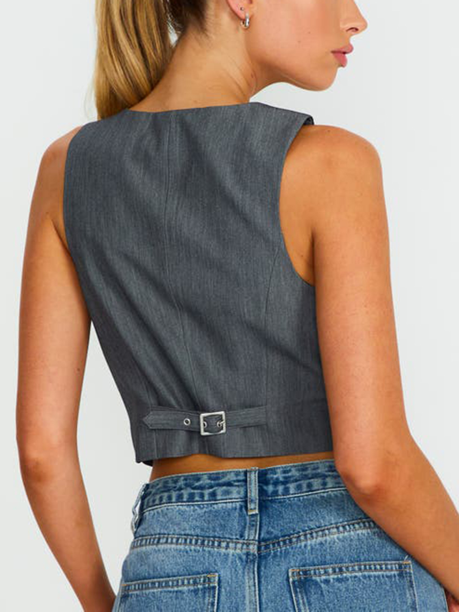 Femmes mode solide gilets sans manches noir col en V bouton gilet formel affaires smoking chemise coupe ajustée recadrée Blazer gilets