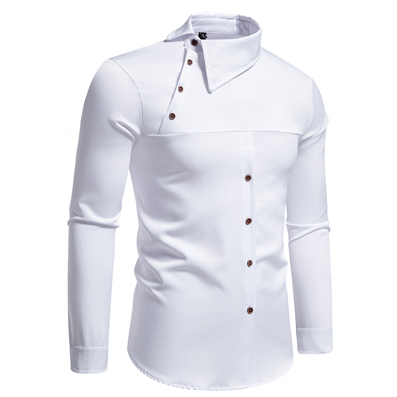 Chemise à col montant pour hommes, bouton oblique de personnalité, chemises provoqué irrégulières pour hommes, manches longues, zones de festival d'affaires, mode