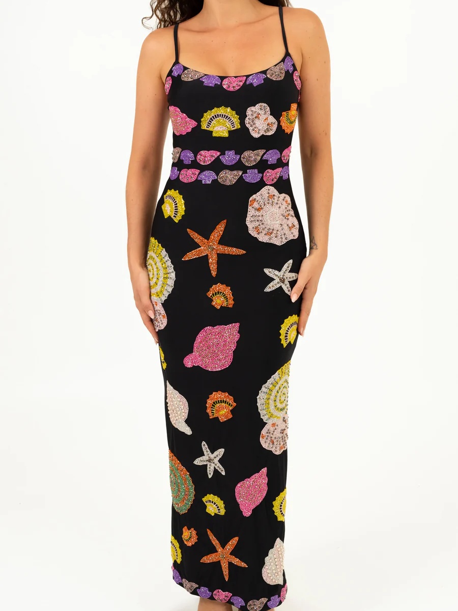 Robe longue imprimée coquille d'étoile de mer pour femmes, bretelles Spaghetti, dos nu, moulante, vêtements de plage, vacances d'été, 2025