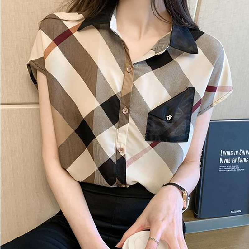 Chemise boutonnée en mousseline de soie à manches courtes pour femmes, chemisiers bon marché, vêtements de bureau décontractés, plaid coréen, jeunes femmes, tendances, haut chaud