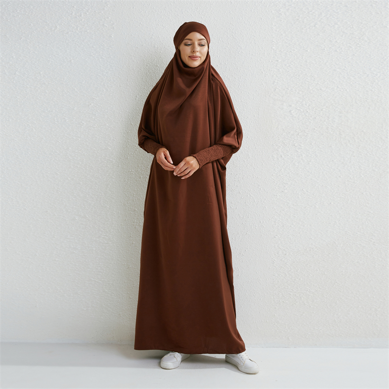 Abaya musulman à capuche manches smockées une pièce Robe de prière femmes Jilbab vêtements islamiques dubaï saoudien Robe noire modestie turque