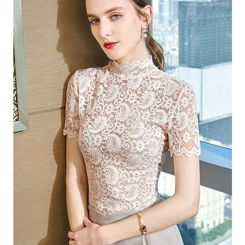 Haut en dentelle à manches courtes pour femmes, T-shirt à bord ondulé creux, col mi-haut, fond intérieur et extérieur, sexy, printemps et été, nouveau