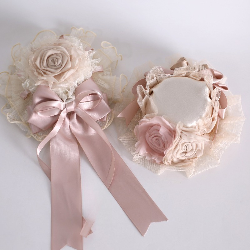 Accessoires capillaires Lolita faits main Original Light Shadow : Pince à cheveux, Boule de fleurs colorée, Nœud, Voile de cheveux en dentelle couleur champagne
