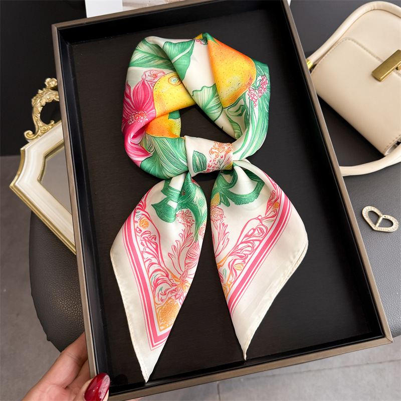 Foulards carrés en soie imprimé fruits pour femmes, 70x70cm, décoration des cravates, foulard pour dames, plage d'été, Hijab, nouvelle collection 2026