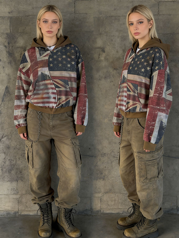 2026 Nouveau Femmes Zipper À Capuche Rétro Drapeau Imprimé À Capuche Sportswear Casual Street Wear Y2K À Manches Longues Top