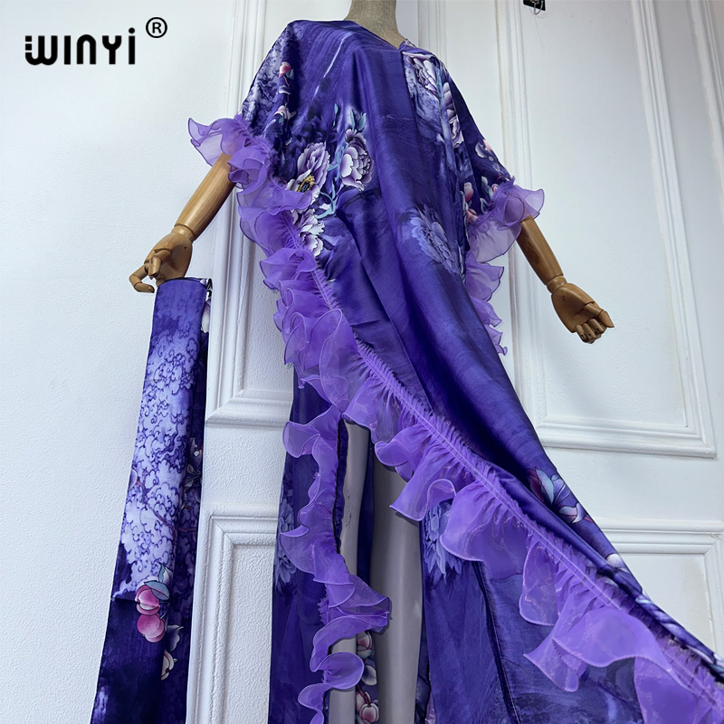 WINYI Robe de soirée d'été élégante et confortable à manches bouffantes, imprimé Abaya pour femmes, Kaftan féminin, Abaya Ramadan, Luxe Dubaï