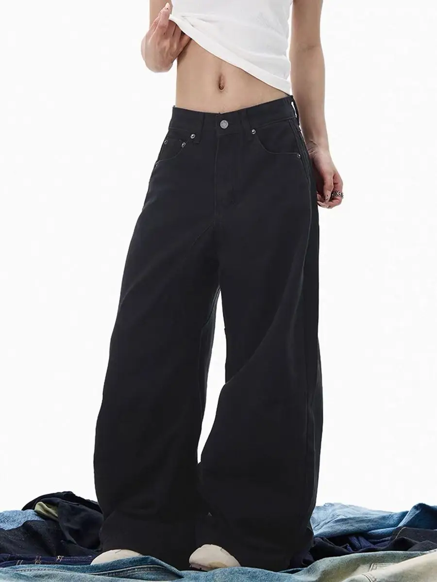Jean slim femme couleur unie style américain, basique décontracté, coupe ample, pantalon noir chic pour femme