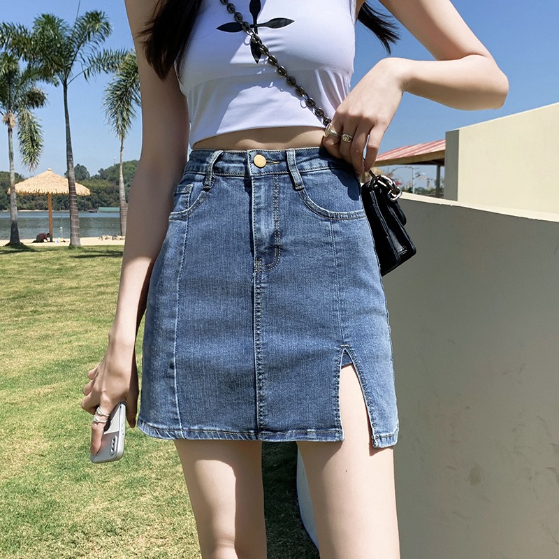 Jupe courte en denim pour femme, taille haute, demi-corps fendu, hanche enveloppée rétro, pantalon trapèze, été, nouveau