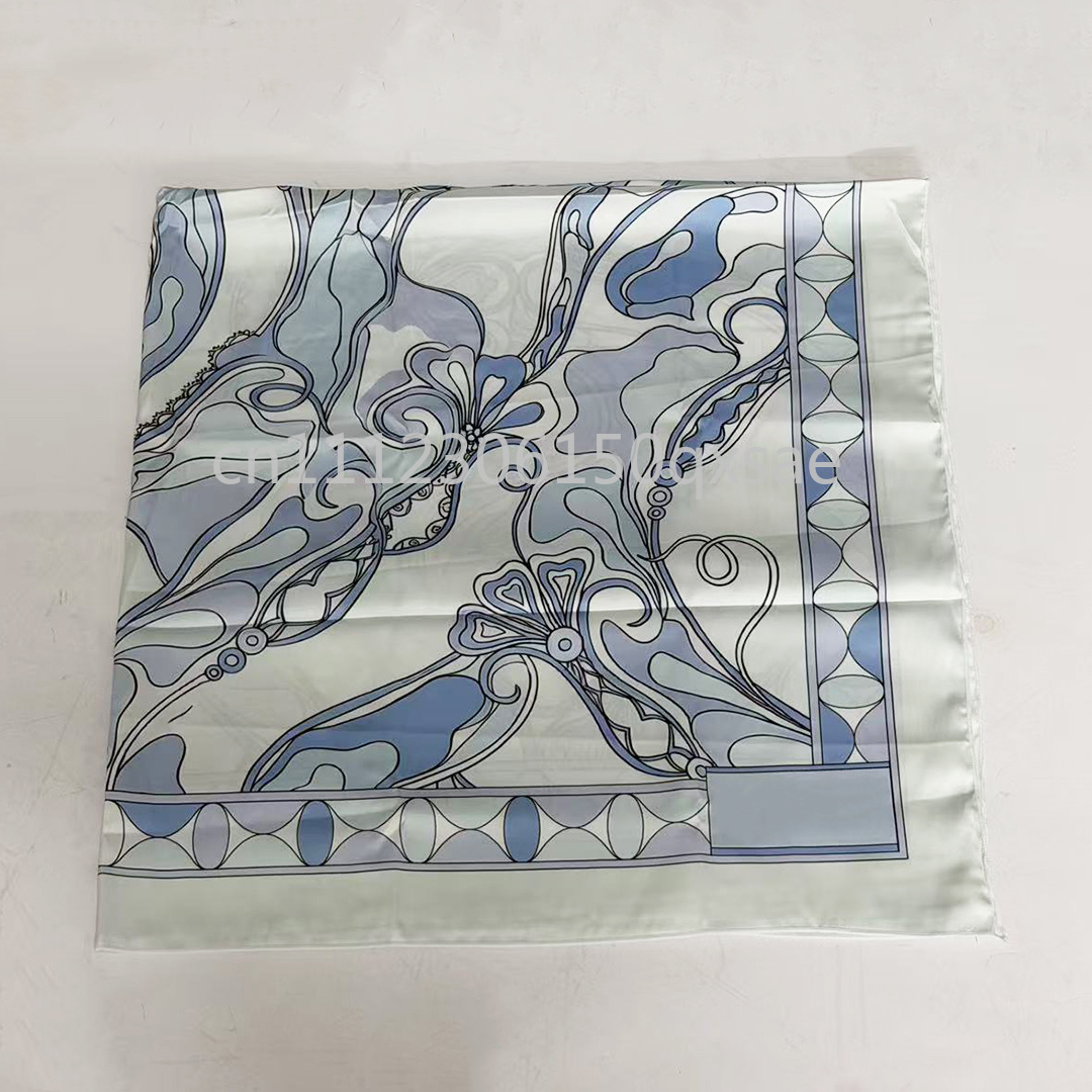 Écharpe en soie bleu clair pour femme, design luxueux, avec logo signature, écharpe carrée classique de marque, 90x90cm