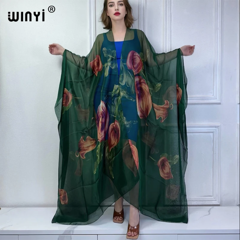 WINYI Kimono de défilé pour femme, imprimé, à ourlet bouffant, manteau à manches longues, cardigan, abaya, vêtement de plage de luxe de Dubaï, robe bohème, caftan