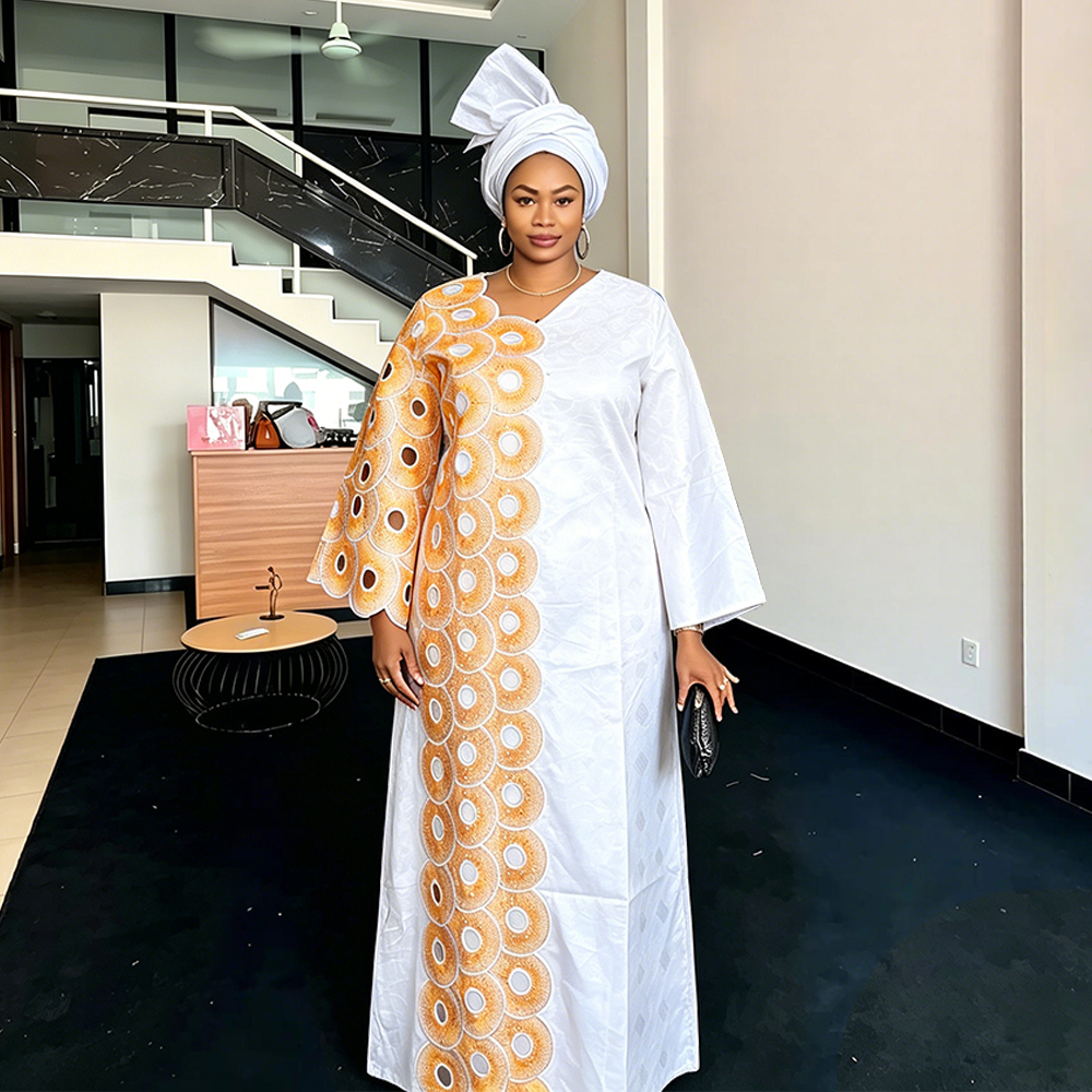 Robes de Soirée et de Mariage Grande Taille pour Femmes Africaines 2026 Nouveauté Dashiki Ankara Broderie Bazin Riche avec Foulard