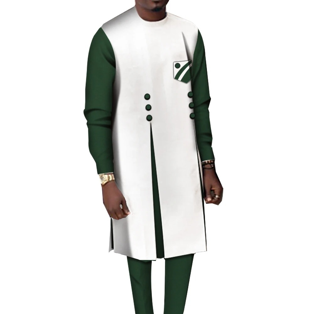 Ensemble 2 pièces en coton pour hommes, vêtements africains décontractés, chemise haute et pantalon, patchwork, WYN1068