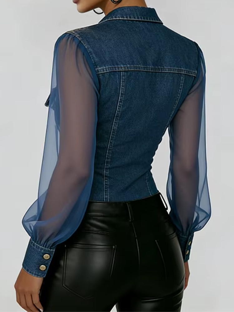 Chemisier vintage en jean et maille transparente pour femme, à manches longues, boutonné, col à revers, poches poitrine, ajusté, style bureau