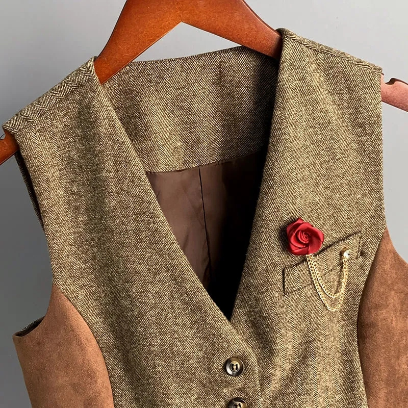 2025 mode printemps automne daim épissé laine gilet femmes court gilet col en v sans manches veste dame décontracté hauts mince manteau