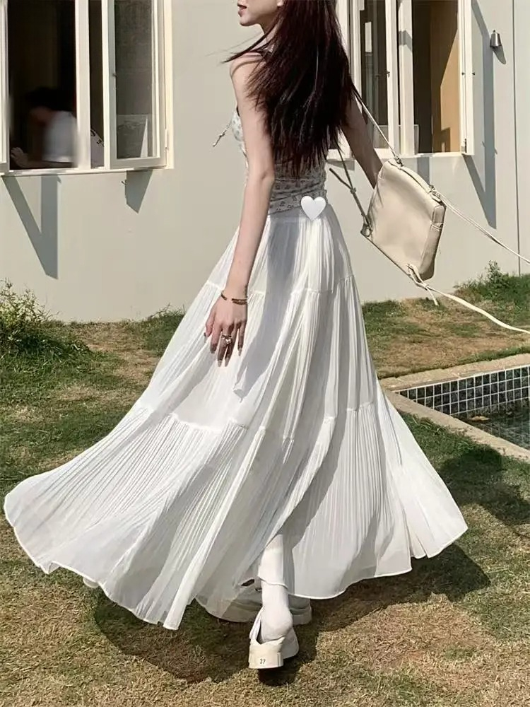 Nouvelle jupe plissée trapèze longue taille haute en gaze fine pour femme, collection Printemps-Été 2025 – Chic et élégante