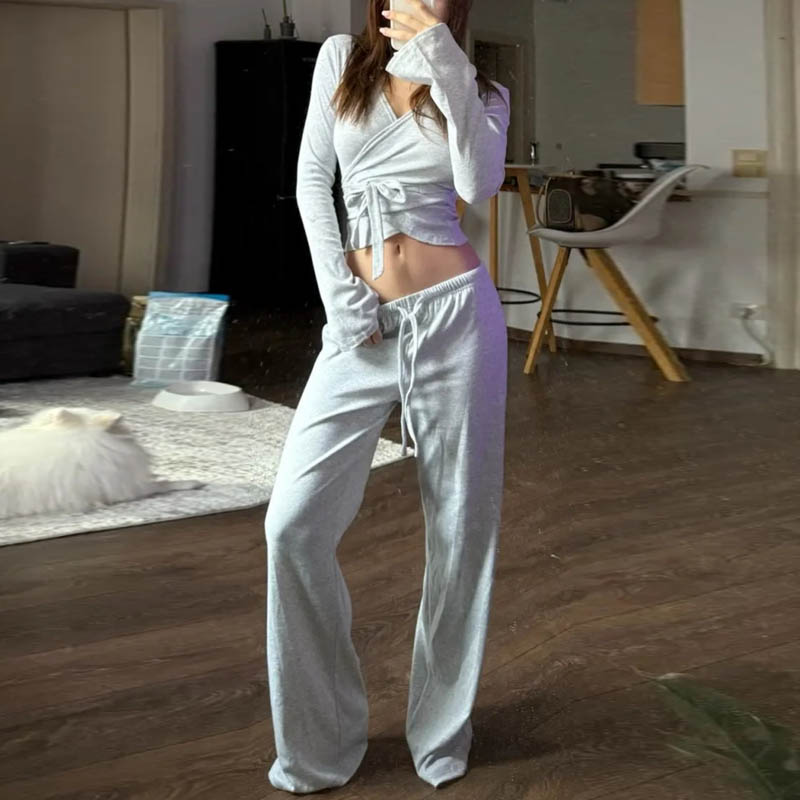 Ensemble de salon Vintage pour femmes, tenue 2 pièces, col en V, cravate à la taille, T-shirt + pantalon à taille élastique, haut court à manches longues, automne