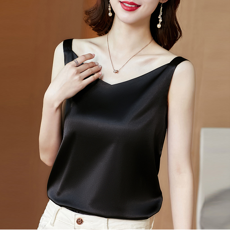 Débardeurs en satin de soie sans manches pour femmes, camisoles d'été à fines bretelles, hauts licou à col en V, camisoles blanches basiques 2026