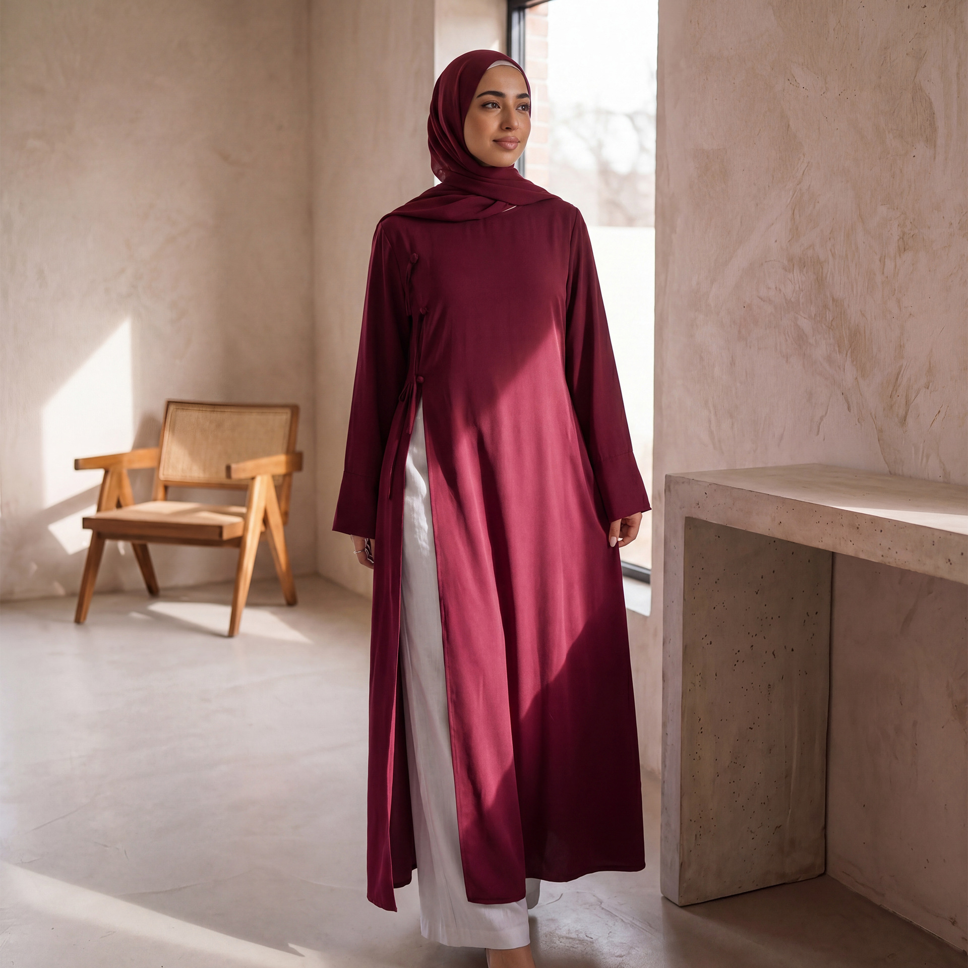 Abaya Longue Femme Musulmane Modeste pour l'Aïd, Blouse à Lacets Col Rond, Robe Maxi Ramadan Maroc Dubaï Islam Arabe Kaftan 2026