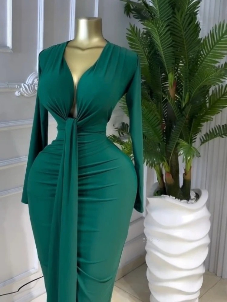Robe longue moulante à manches longues et nœud papillon, col en V profond, pour femme, tendance, pour anniversaire, fête, vacances, 2026, Vestidos