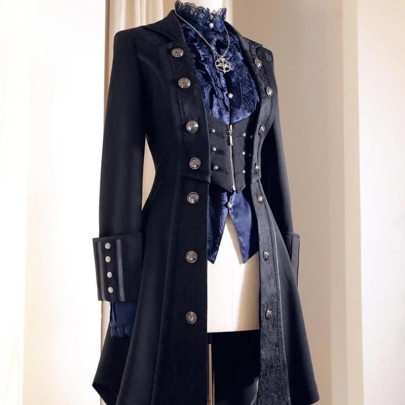 Manteau long Batwing original, style rétro noir gothique Lolita, vestes tendance à manches longues avec boutons, vêtements stylés