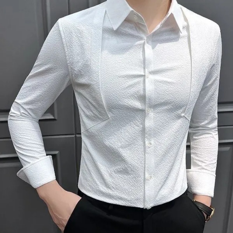 Chemise homme slim fit à manches longues, texture jacquard, col à revers, boutonnée, style business décontracté