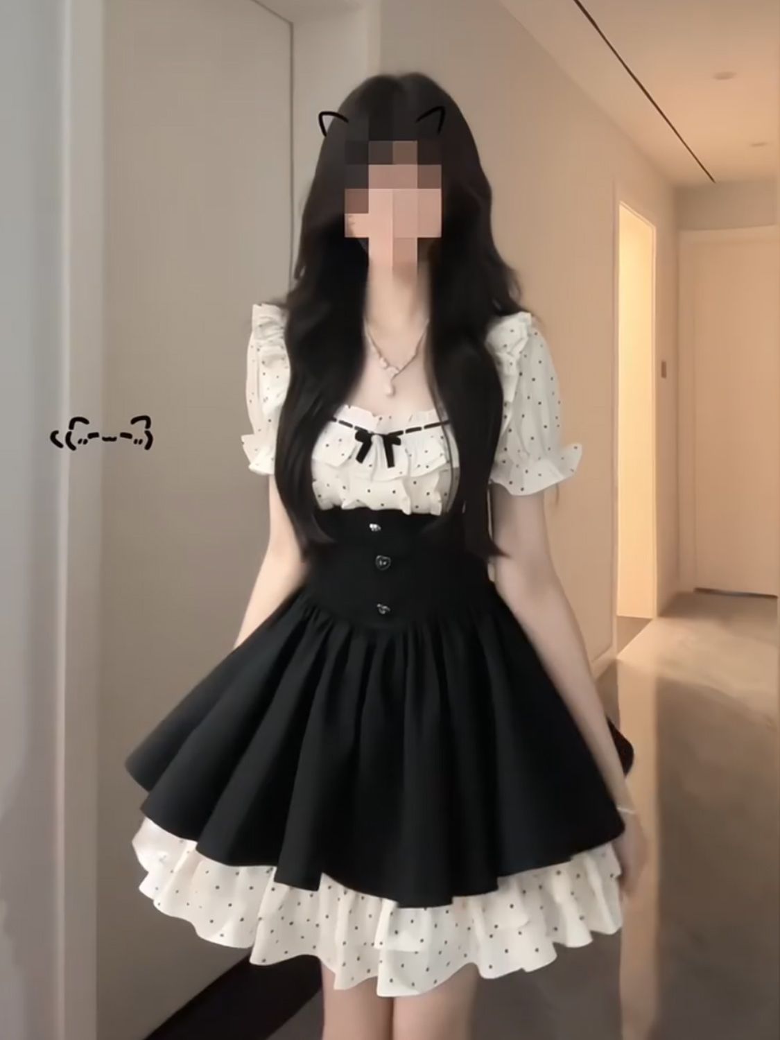 Robe Coquette Gothic Lolita pour femmes, noire, à pois, manches courtes bouffantes, nœud, volants, taille haute, mini-robe, tenue élégante
