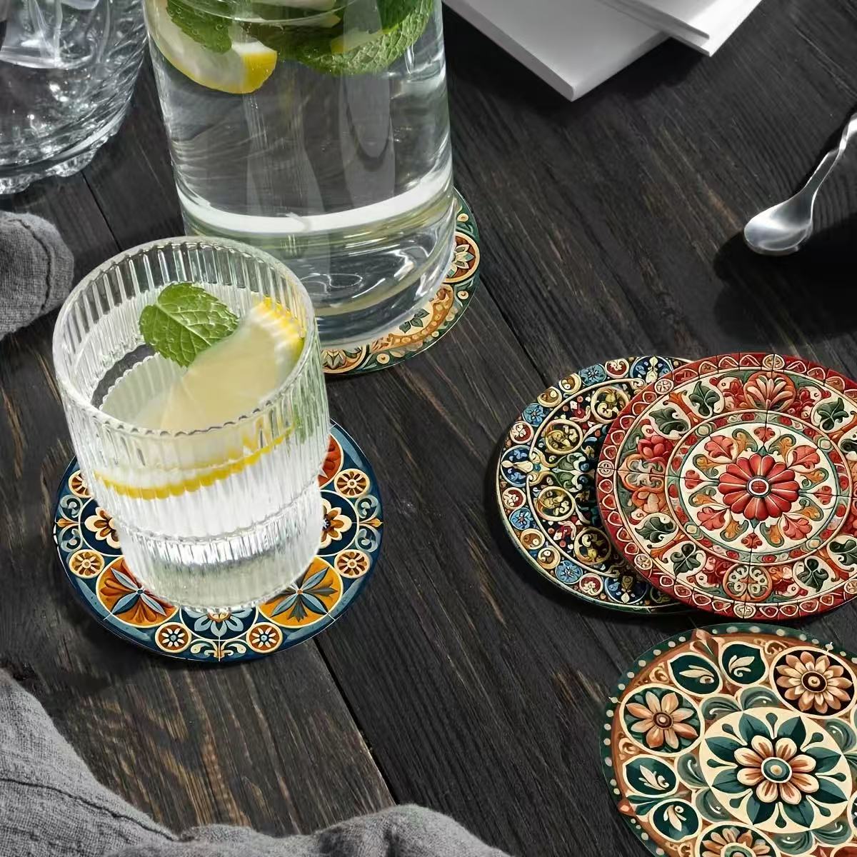 Lot de 8 sous-verres marocains Mandorla 2D en bois, marqueurs de boissons circulaires artistiques pour café, thé, décoration de table à manger à la maison