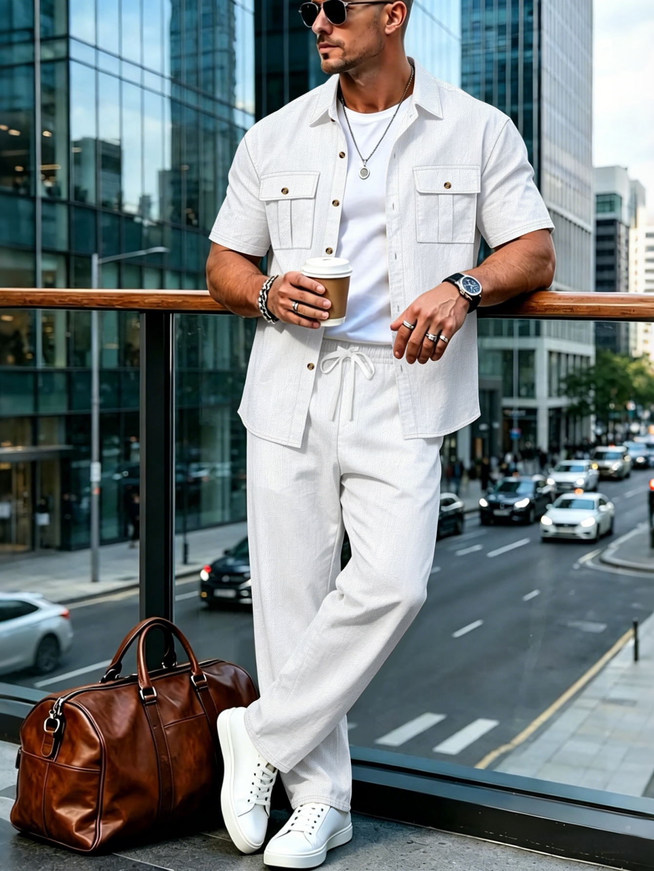 Ensemble chemise et pantalon en coton et lin pour homme, manches courtes, col rabattu, double poche, style décontracté streetwear