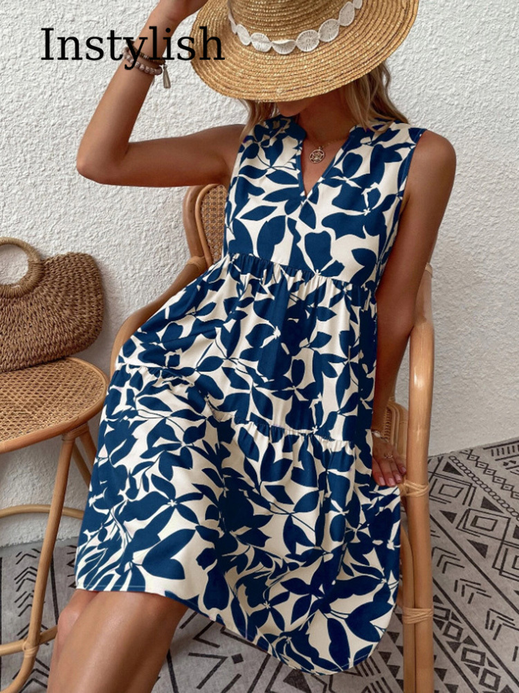Femmes Boho imprimé Mini robe été élégant sans manches col en V à volants une ligne débardeur décontracté ample surdimensionné plage fête robe d'été