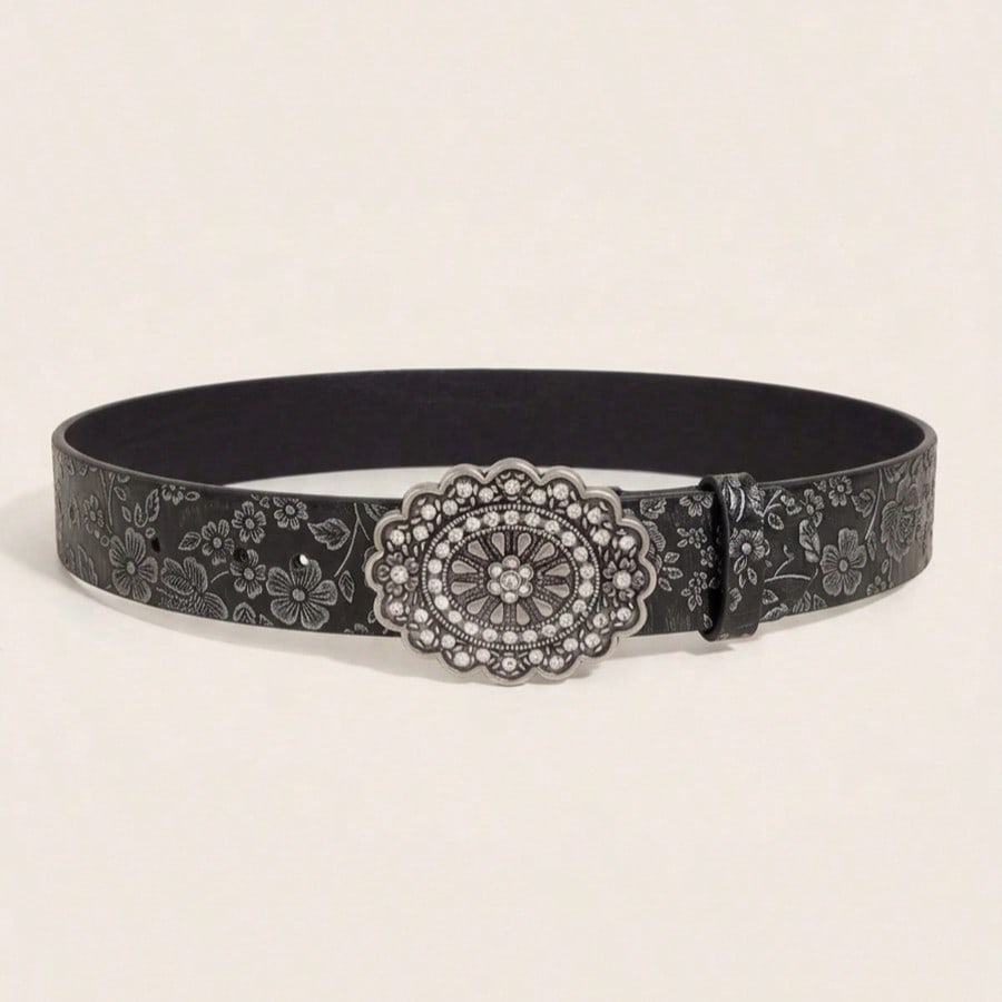 Ceinture à fleurs noires en relief de style bohème pour femmes, ceinture vintage polyvalente de style denim, adaptée aux occasions décontractées, 1 pièce