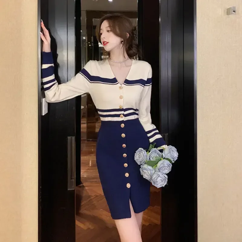Robes au crochet pour femmes, col en V, vêtements esthétiques, rétro, luxe, haute qualité, hiver, automne, média, G X