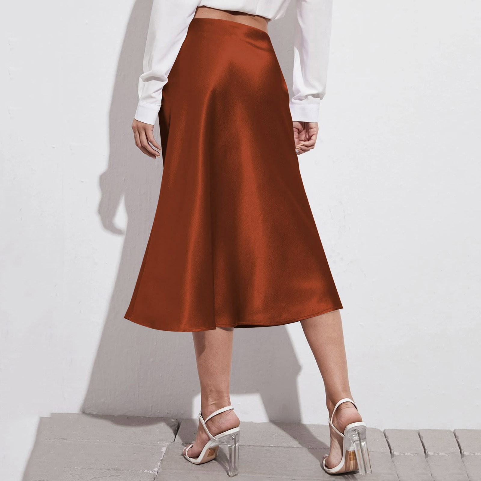 Jupe élégante en Satin de soie pour femmes, taille haute, mi-longue, couleur unie, pour le travail au bureau, jupe formelle brillante pour dames d'affaires
