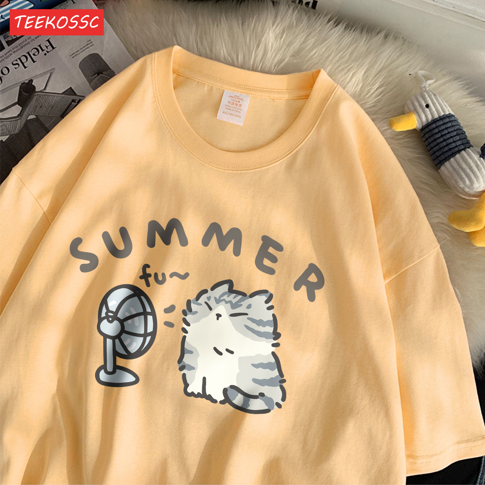 Mode coton femmes T-Shirts créatif été coup ventilateur chat imprime à manches courtes col rond ample respirant décontracté femme vêtements