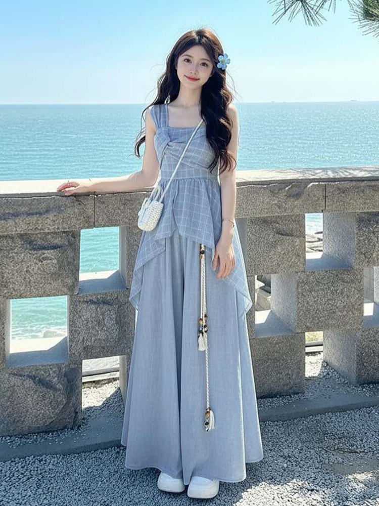 Ensemble 2 pièces coréen tendance à carreaux avec haut torsadé asymétrique et pantalon large taille haute pour femmes et jeunes filles – Idéal pour l'été et le quotidien