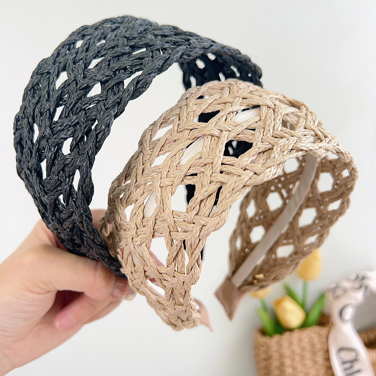 Été nouveau bandeau tissé de vigne élégant kaki large bord bandeau élégant 2025 polyvalent Style de vacances creux herbe accessoire de cheveux