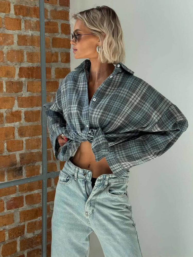 Chemise à carreaux vintage pour femmes, haut à manches longues, vêtement d'extérieur printemps-automne, chemise décontractée à simple boutonnage, chemisier ample en coton 2027
