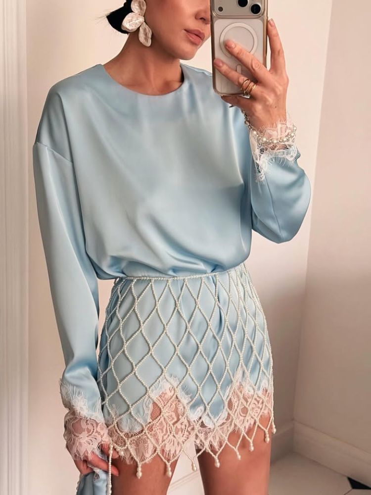 Robe courte à manches longues avec empiècements en dentelle, col rond, couleur unie, robes chics minimalistes, nouvelles mini-robes pour femmes