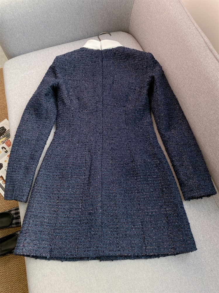 Robe Mini en Tweed pour Femme, Coupe Ajustée, Taille Haute, Col Montant, Manches Longues, Élégante, Coupe Évasée, Style Printemps, Idéale pour le Bureau