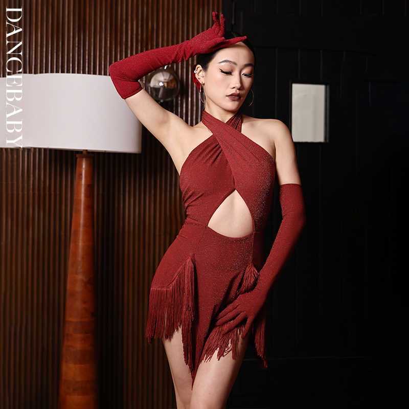 Robe de danse pour femmes, tenue de nuit, Costume de scène de danse rouge, jupe à franges, robe de danse latine pour compétition, Costume Sexy