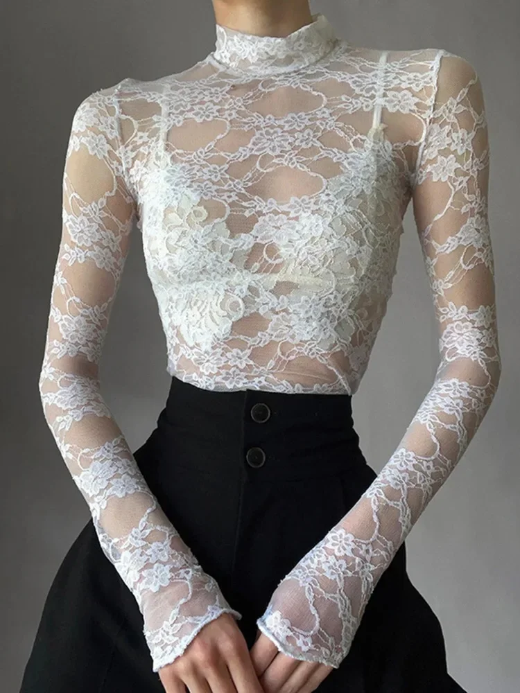 Chemisier Sexy en dentelle pour femmes, chemises d'été à col roulé, manches longues, transparent, Patchwork, hauts fins