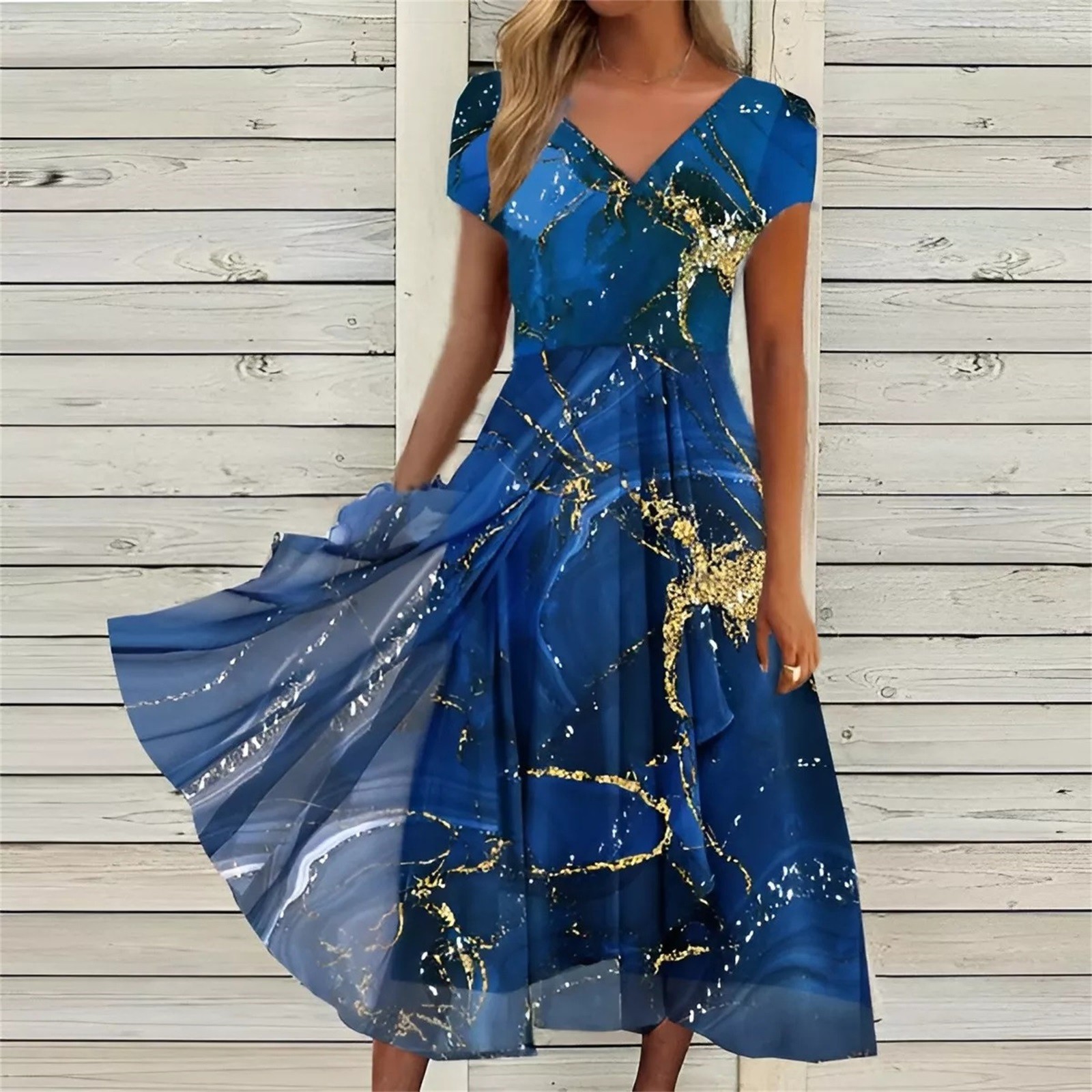 Robe longue en mousseline de soie pour femmes, imprimé, manches courtes, col en v, Patchwork, grande taille, fluide, tenue de soirée, 5XL