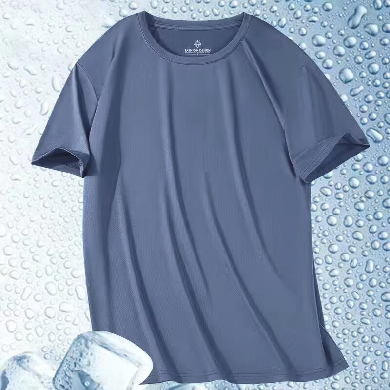 T-shirt d'été en soie glacée pour homme, manches courtes, col rond, respirant, fin, pour le sport, la course, séchage rapide, doux, élastique, pour l'extérieur