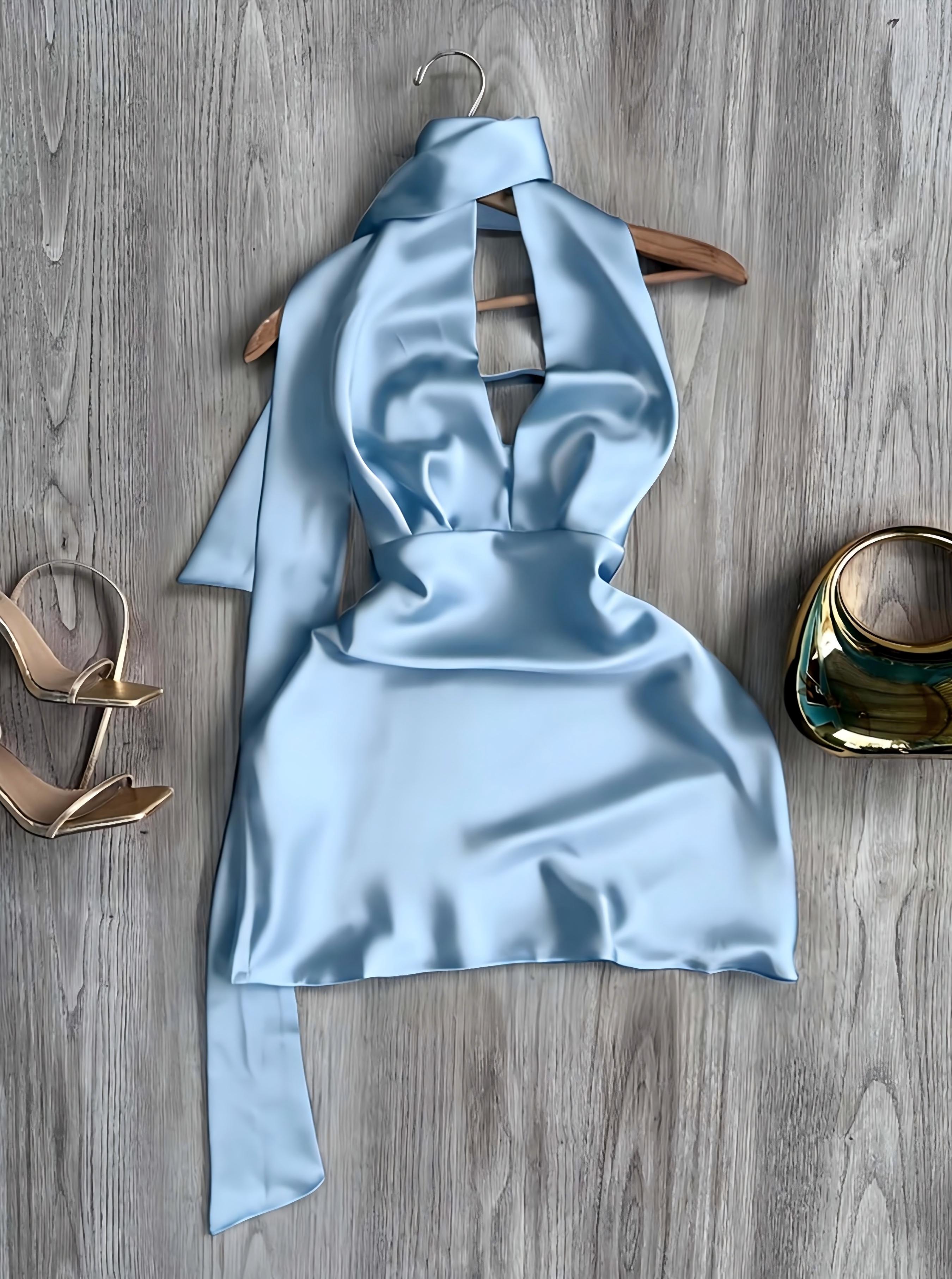 Robe en satin pour femme toutes saisons, dos nu, à nouer à la taille, design élégant en satin pailleté, idéale pour les vacances et le quotidien
