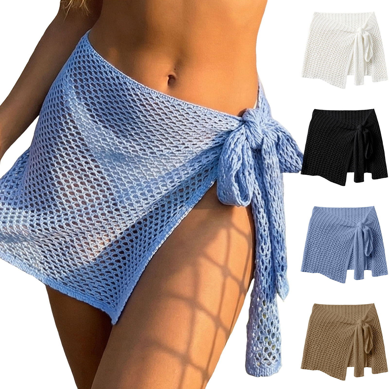 Jupe de plage en crochet pour femme, mini-jupe ajourée en maille avec nœud à nouer sur le côté, cache-maillot de bain pour les vacances d'été