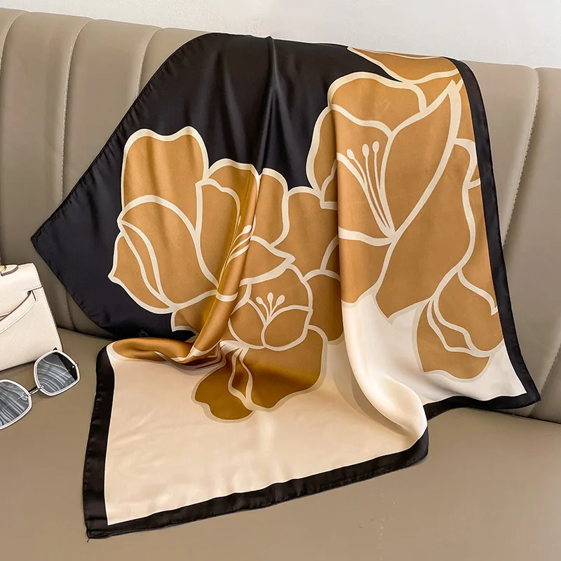 Foulard carré en soie de luxe pour femmes, imprimé Floral, bandeau en Satin doux, Hijab, bandeau féminin, sac, rubans