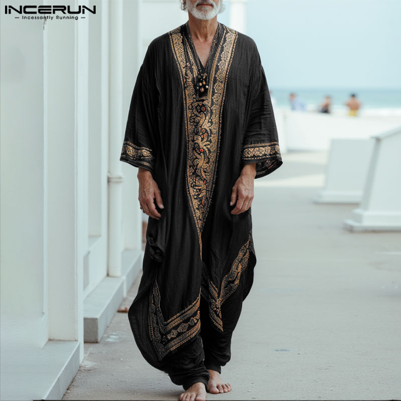 INCERUN hommes Jubba Thobe impression Patchwork col en V à manches longues hommes Robes caftan musulman en vrac 2025 arabe décontracté hommes Caftan Abaya